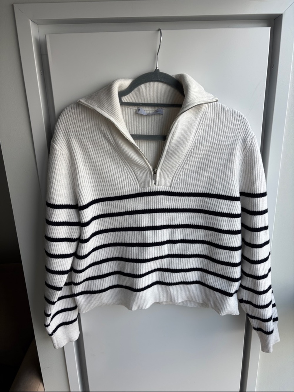 Mango White and dark navy Striped Half-Zip Sweater